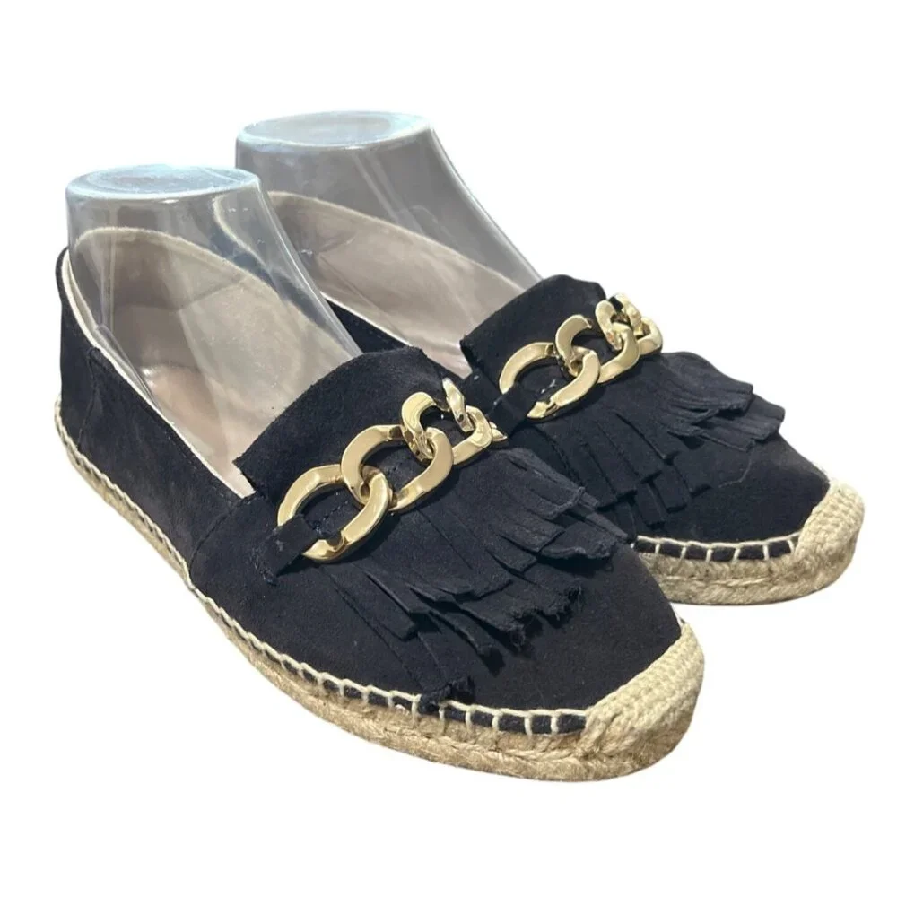 Massimo Dutti Black Suede Espadrille Loafer Gold-Chain Fringe EU 38 / US 7.5